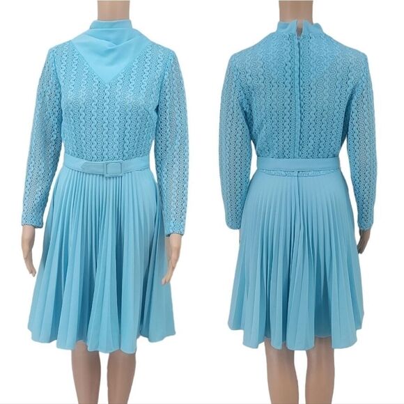 Mary Dobbs Original Vintage 60s Blue Polyester Hostess Dress Zigzag Pleats - Picture 3 of 16